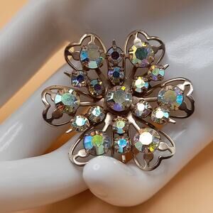 Vintage Aurora Borealis Floral Brooch, 1 1/2" Gold Tone, 1950s Vintage Jewelry